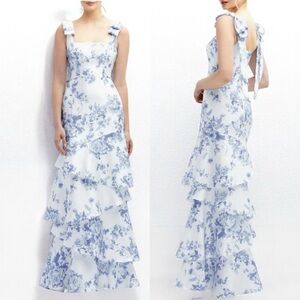 🌻NEW w.tag Dessy Collection Floral Print Ruffle Tie Strap Gown Cottage Rose 14
